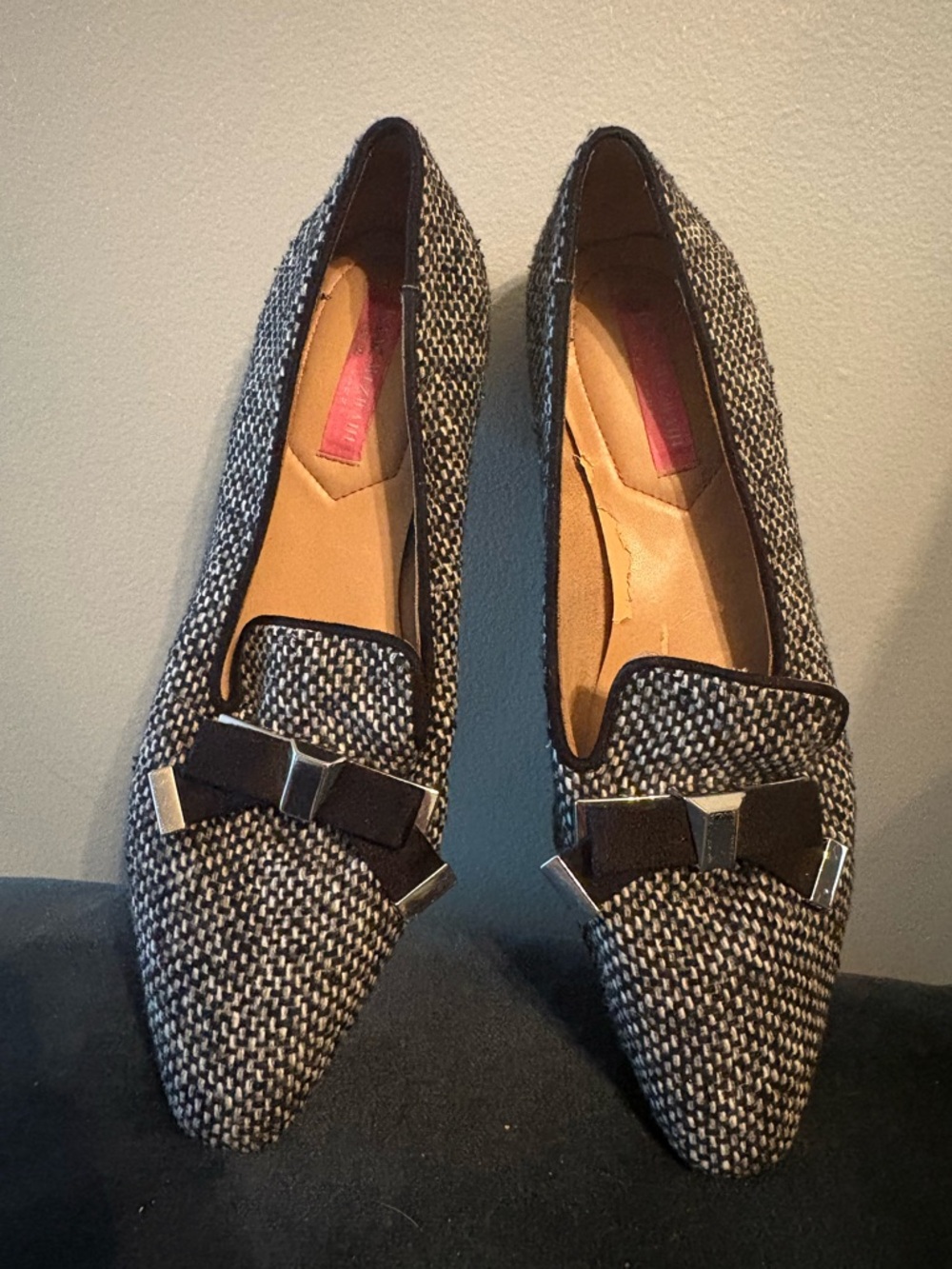 Isaac Mizrahi Woven Black and White Pointed Toe Loafers with Bow Accent